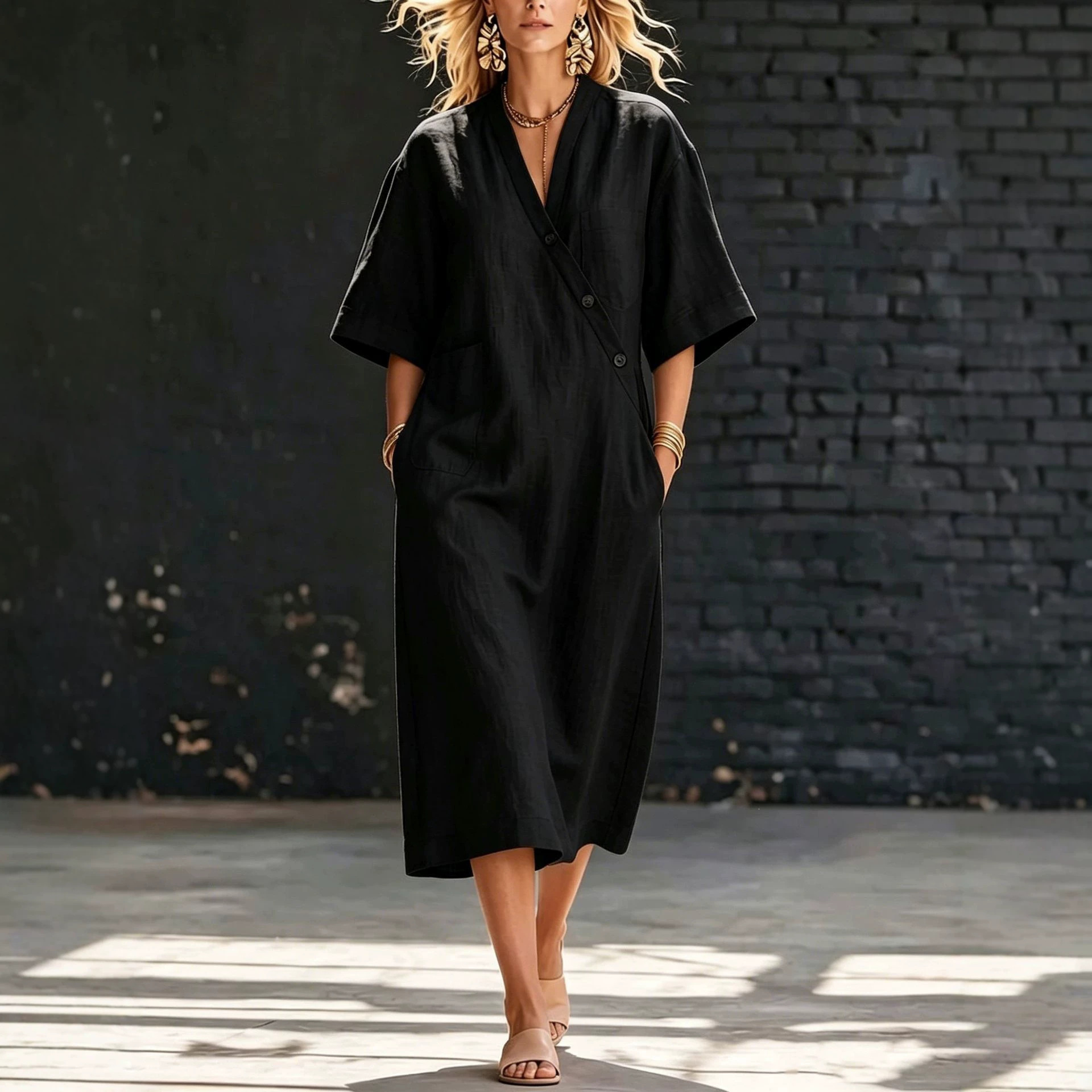 V-Neck Button-Front Cotton-Linen Midi Dress with Pockets Short Sleeve