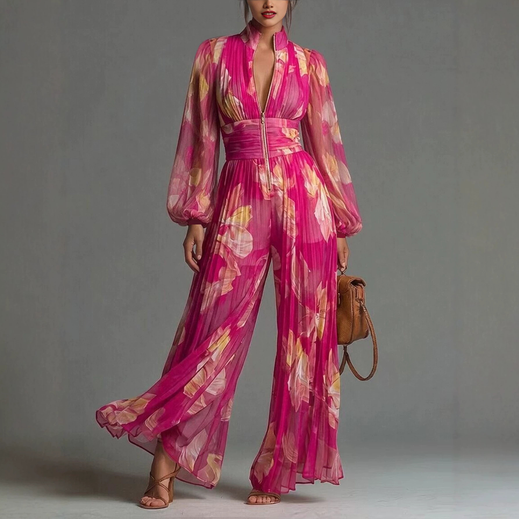 Pleated Halter Neck Long Sleeve Wide Leg Jumpsuit