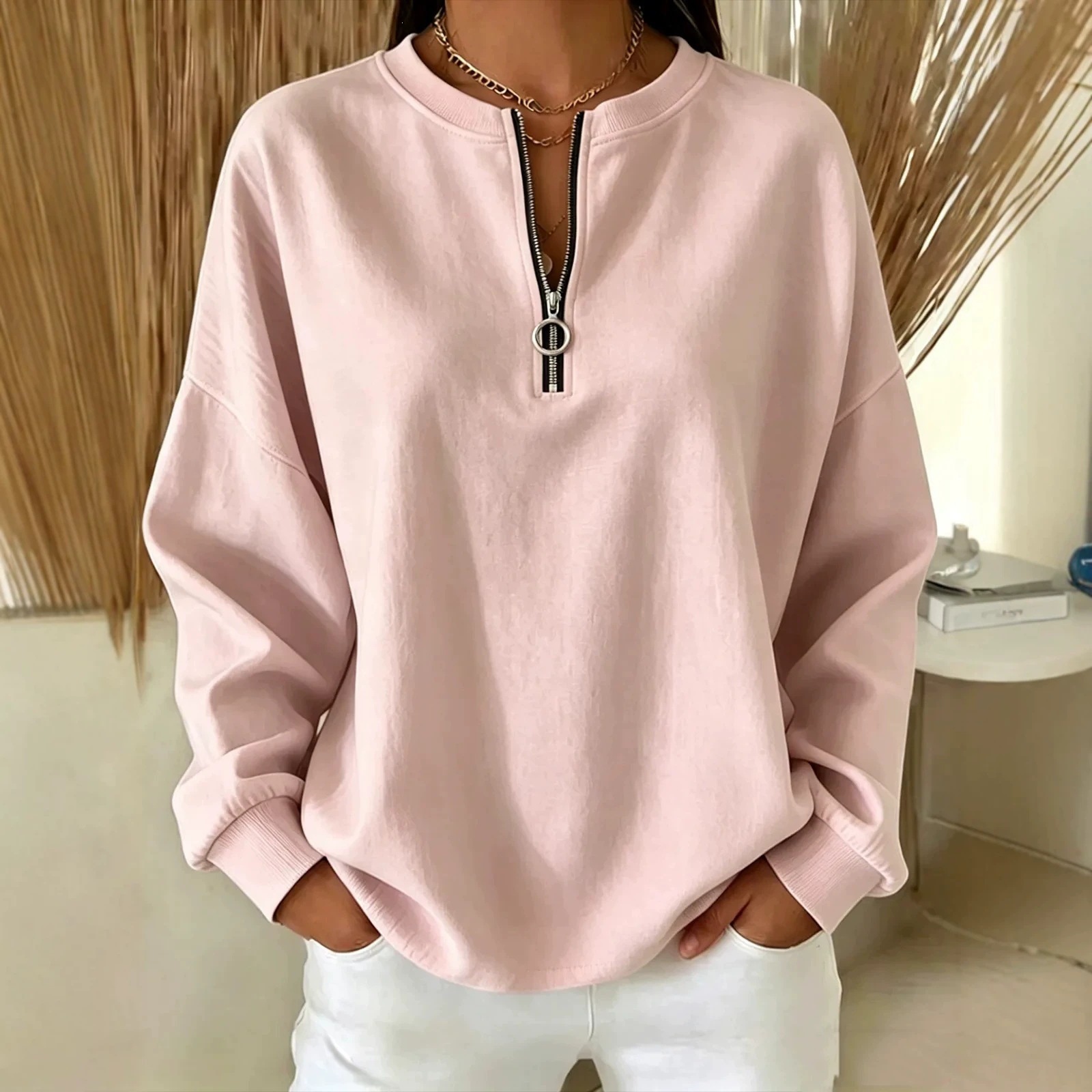 Women's Loose Half-Zip Pullover Sweatshirt Solid Color Long Sleeve Crewneck