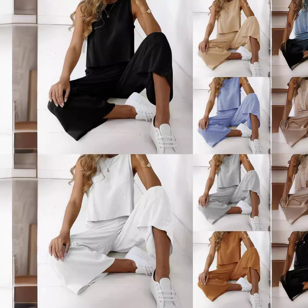 Cotton-Linen Sleeveless Top & Wide-Leg Pants Two-Piece Set