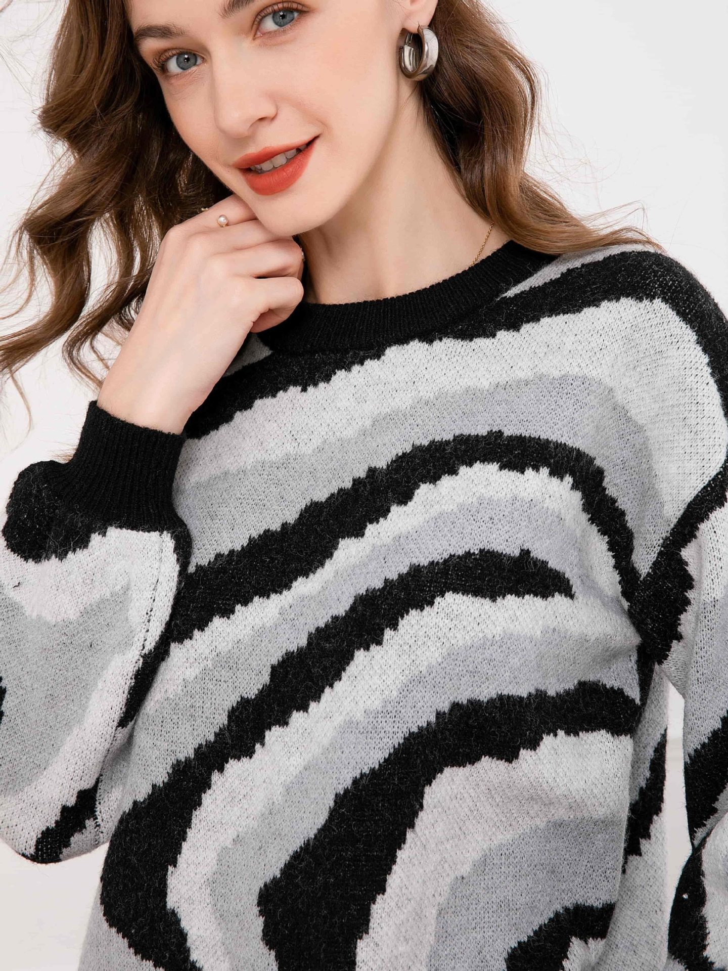 Women's Plus Size Zebra Print Knit Sweater Crewneck Long Sleeve Pullover