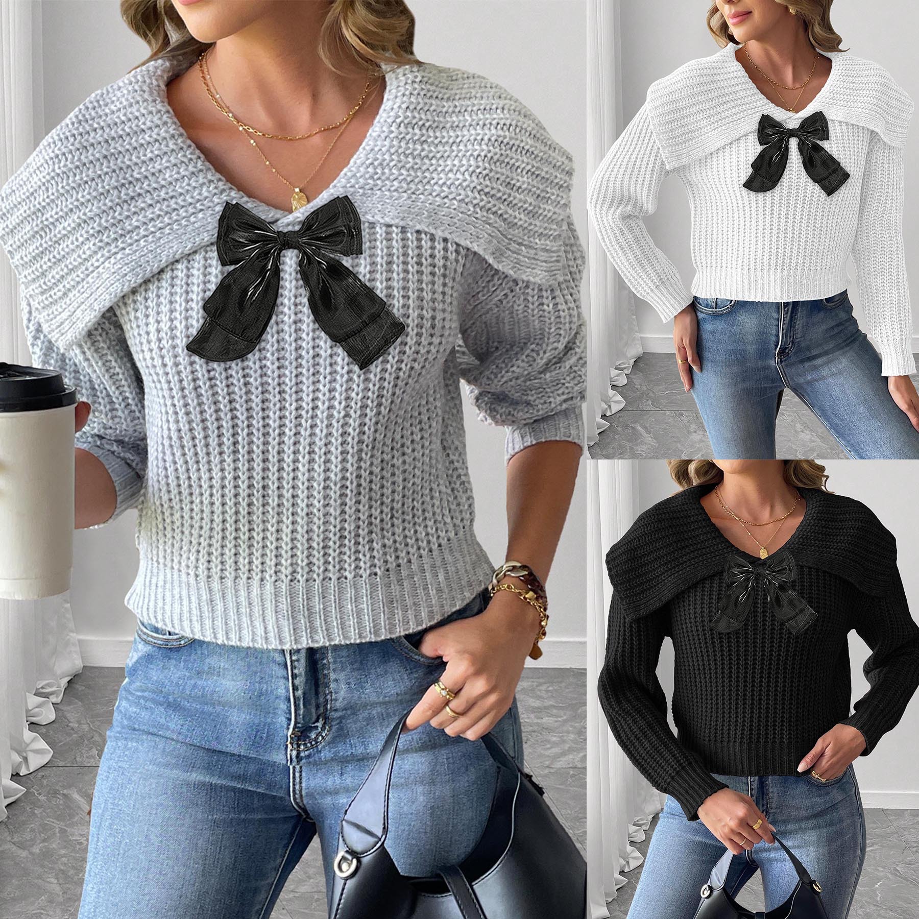 Women's Cropped Knit Sweater with Bow Detail and Oversized Collar