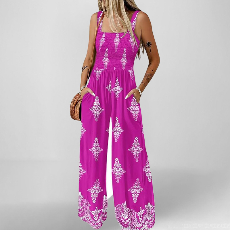 Women's Sleeveless Smocked Pocket Printed Jumpsuit