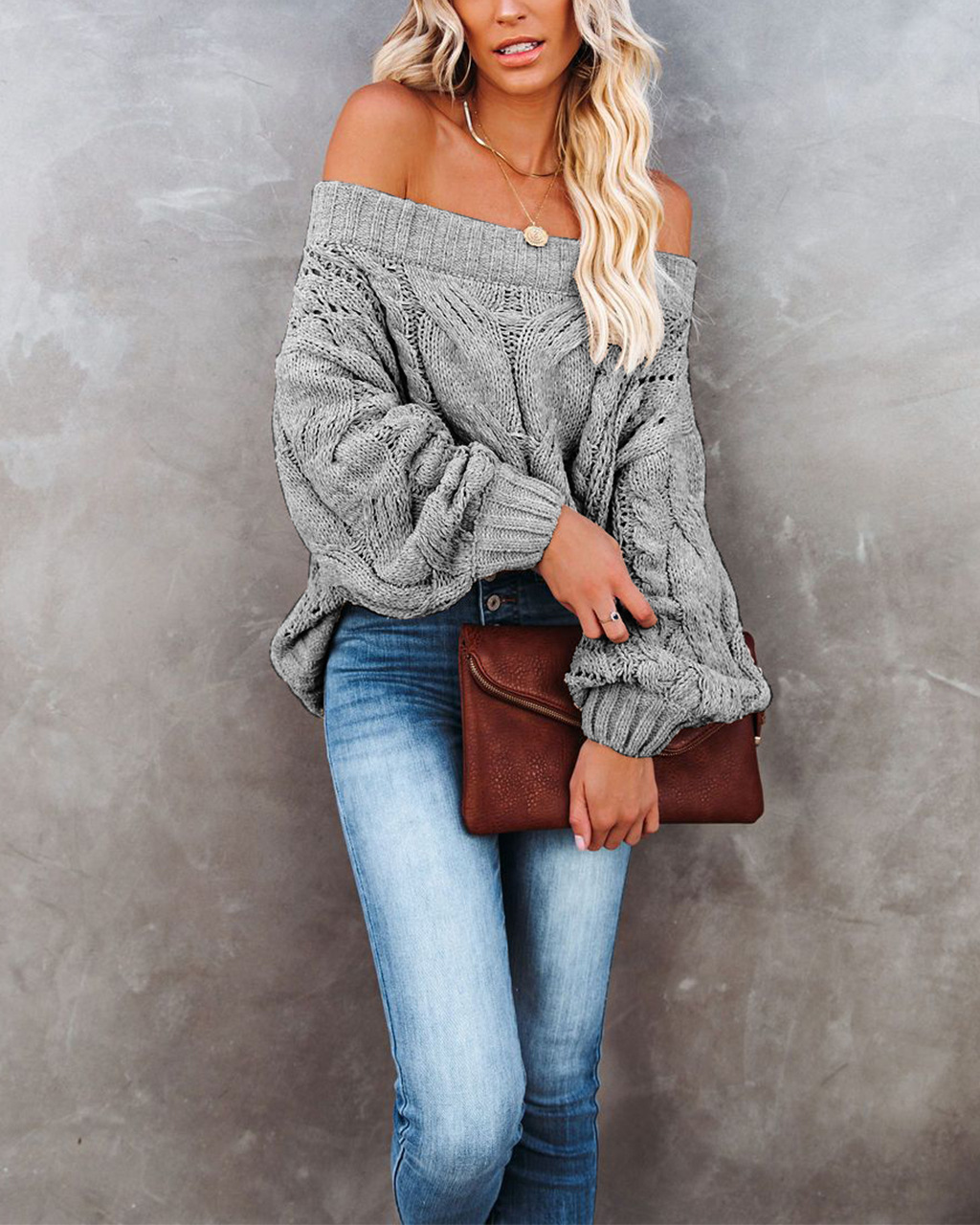 Off-Shoulder Loose Knit Pullover Sweater Solid Color