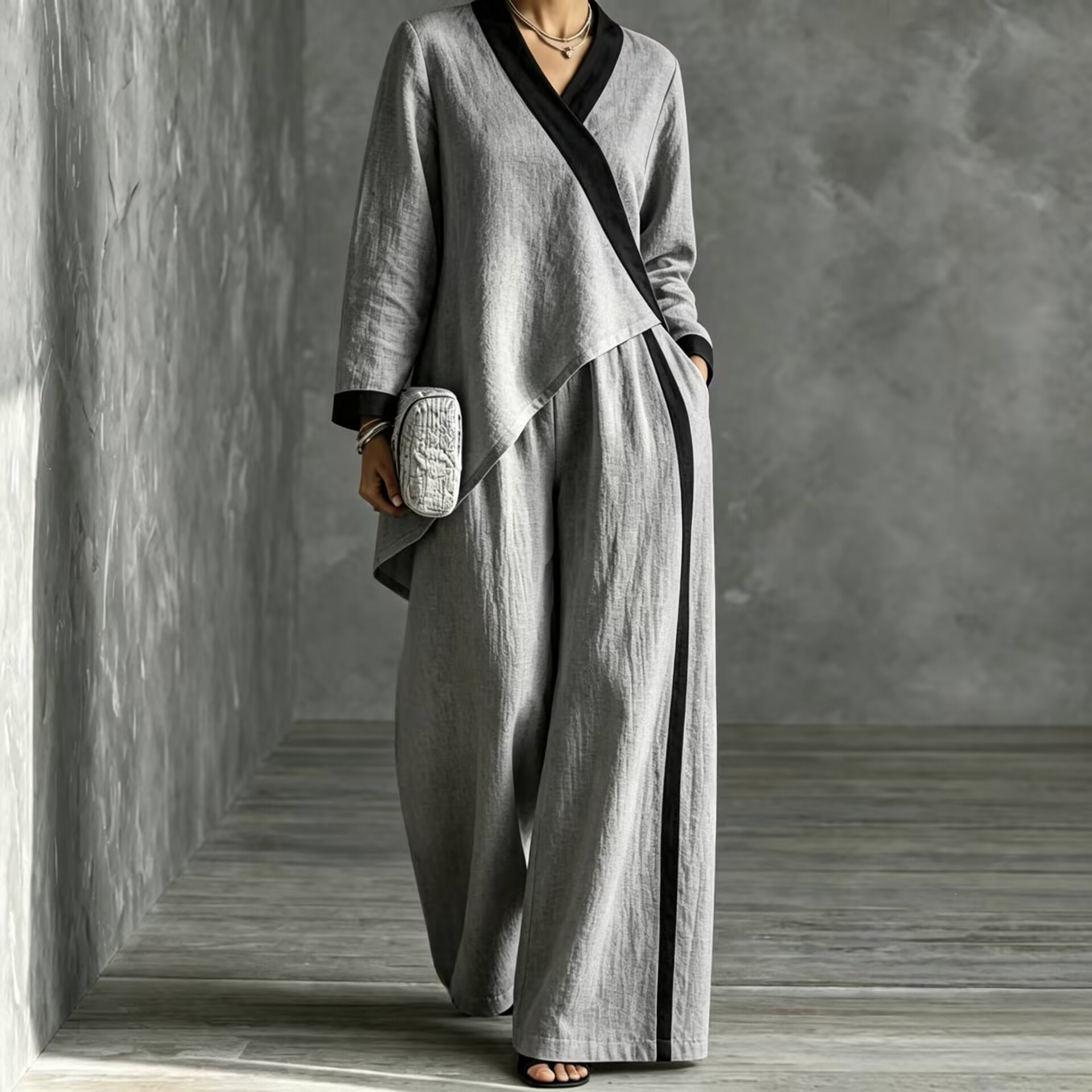 2026 Fall Cross-Border European and American Women's Fashion Color-Block V-Neck Asymmetrical Top Wide-Leg Pants Loose Casual Set