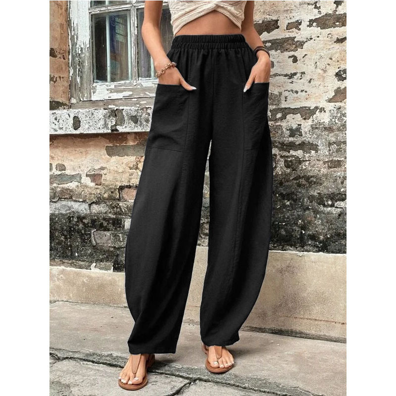 Women's Solid Color Casual Pants with Pockets Elastic Waist Long Trousers