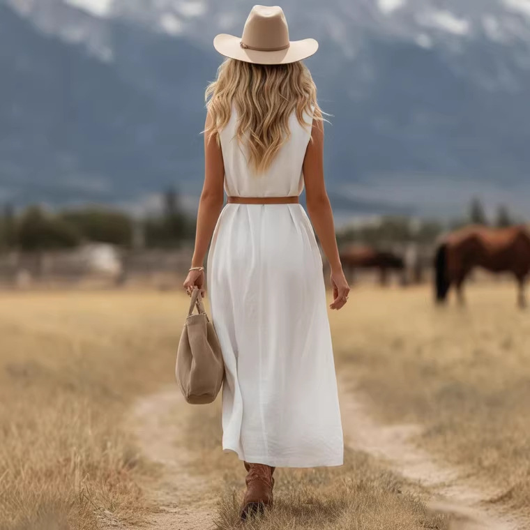 Boho V-Neck Sleeveless Midi Dress with Pockets