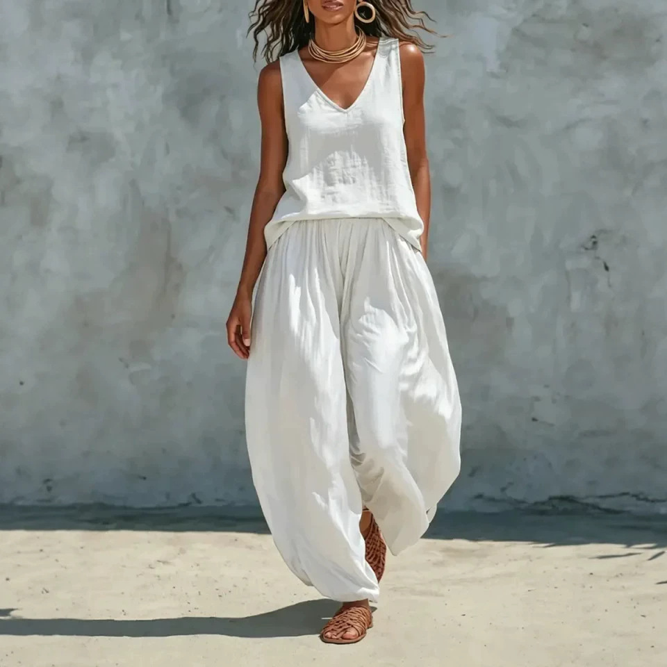 Women's Sleeveless Linen-Blend Shirt Set Casual Vacation Outfit