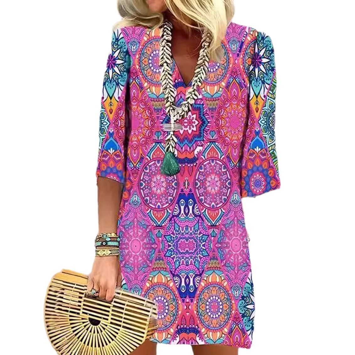 V-Neck Floral Print Loose Casual Midi Dress