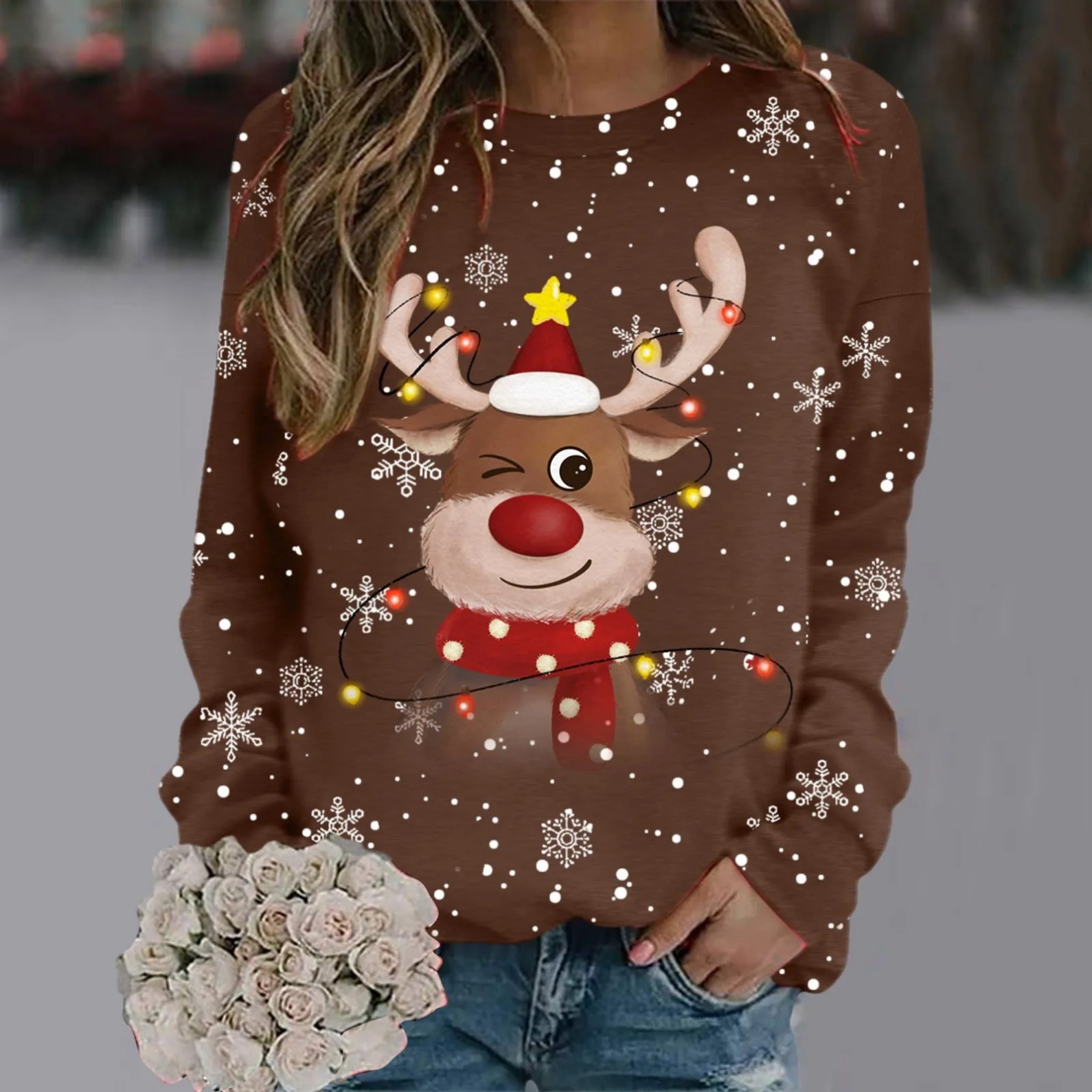 Women's Cartoon Christmas Reindeer Snowflake Print Crewneck Sweatshirt