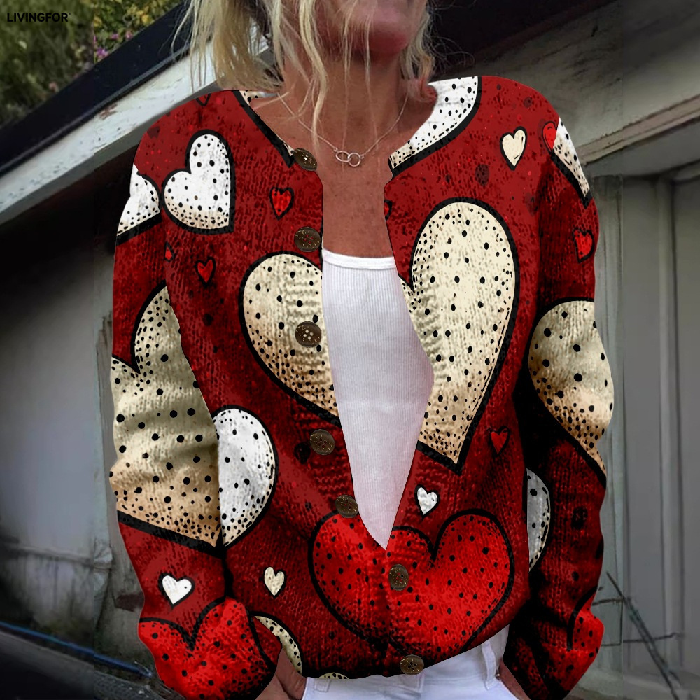 Women's Heart & Flower Print Button Cardigan Sweater