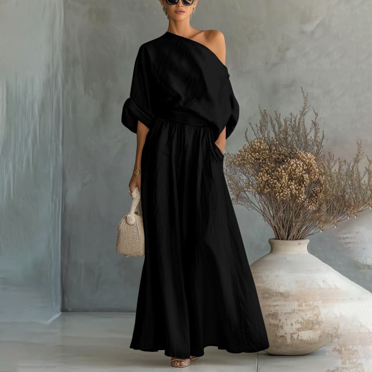 Women's Off-Shoulder Two-Piece Set Solid Color Pocket Wide-Leg Pants Casual Loose Fit