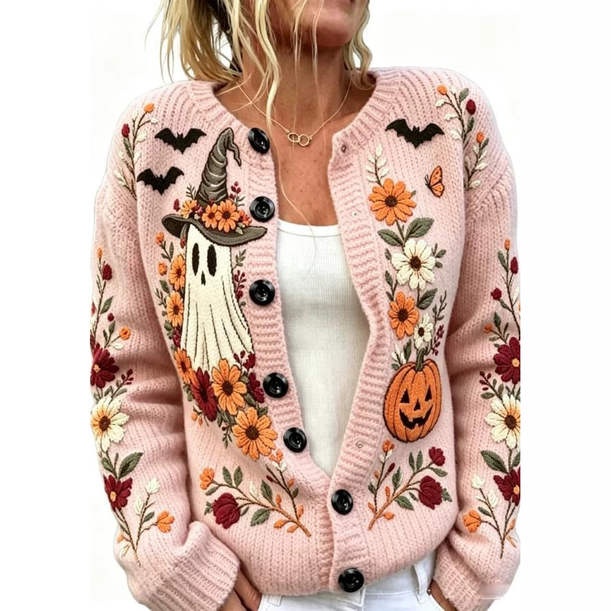 Women's Halloween Ghost Pumpkin Castle Floral Print Cardigan