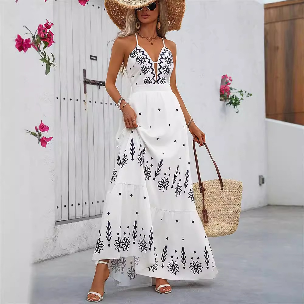 Floral Print Backless Halter Maxi Dress with Short Sleeves and Flowy Skirt