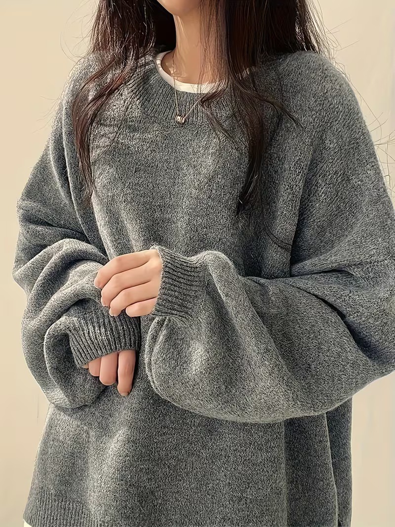 Women's Solid Crewneck Pullover Sweater Casual Long Sleeve Drop Shoulder Slit Knit Top