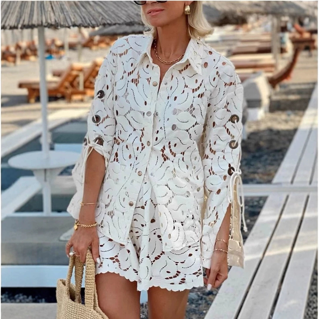 Women's Lace Cutout Collared Long Sleeve Top and Shorts Two-Piece Set