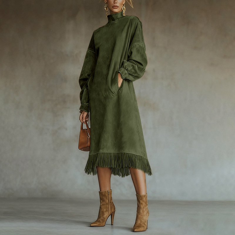 High Neck Faux Suede Loose Fringe Pocket Long Sleeve Dress