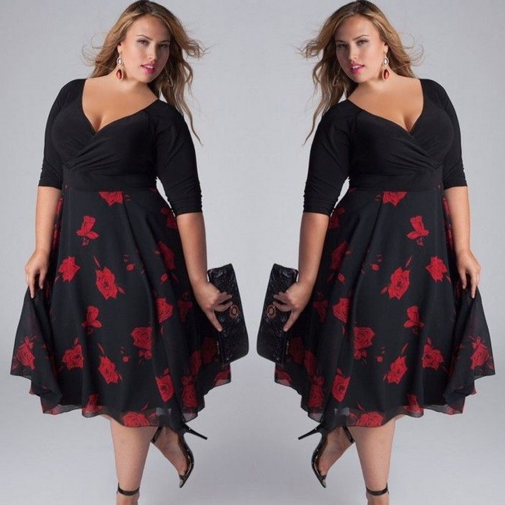 Women's Plus Size V-Neck Digital Print Short Sleeve Dress