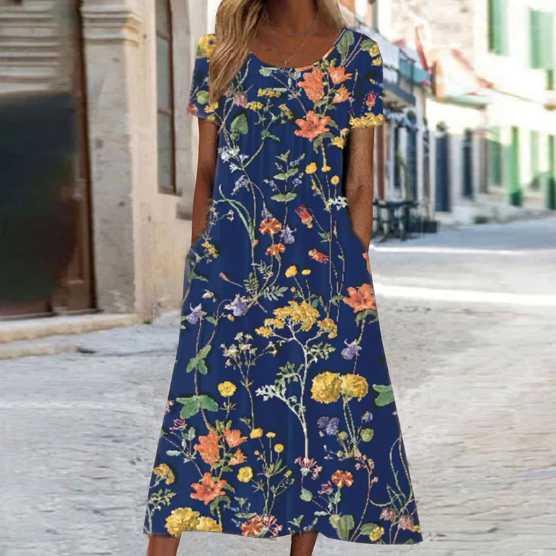 Women's Floral Print Ruched Midi Dress Short Sleeve Crew Neck