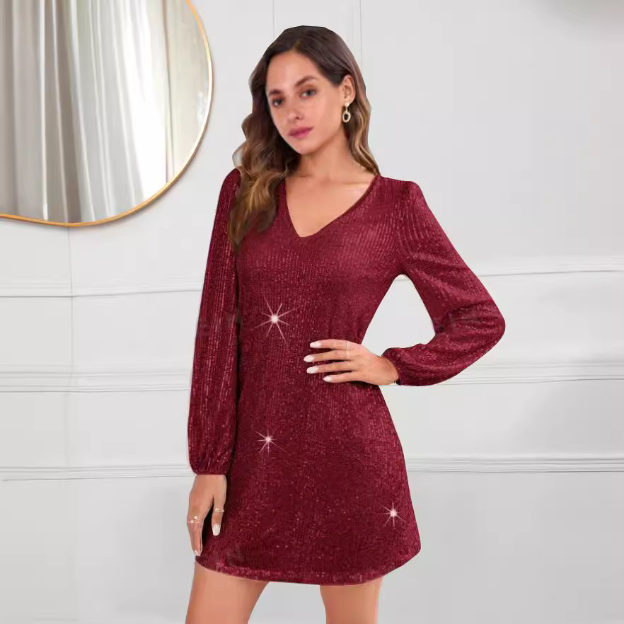 Elegant Solid V-Neck Long Sleeve Sequin Bodycon Dress