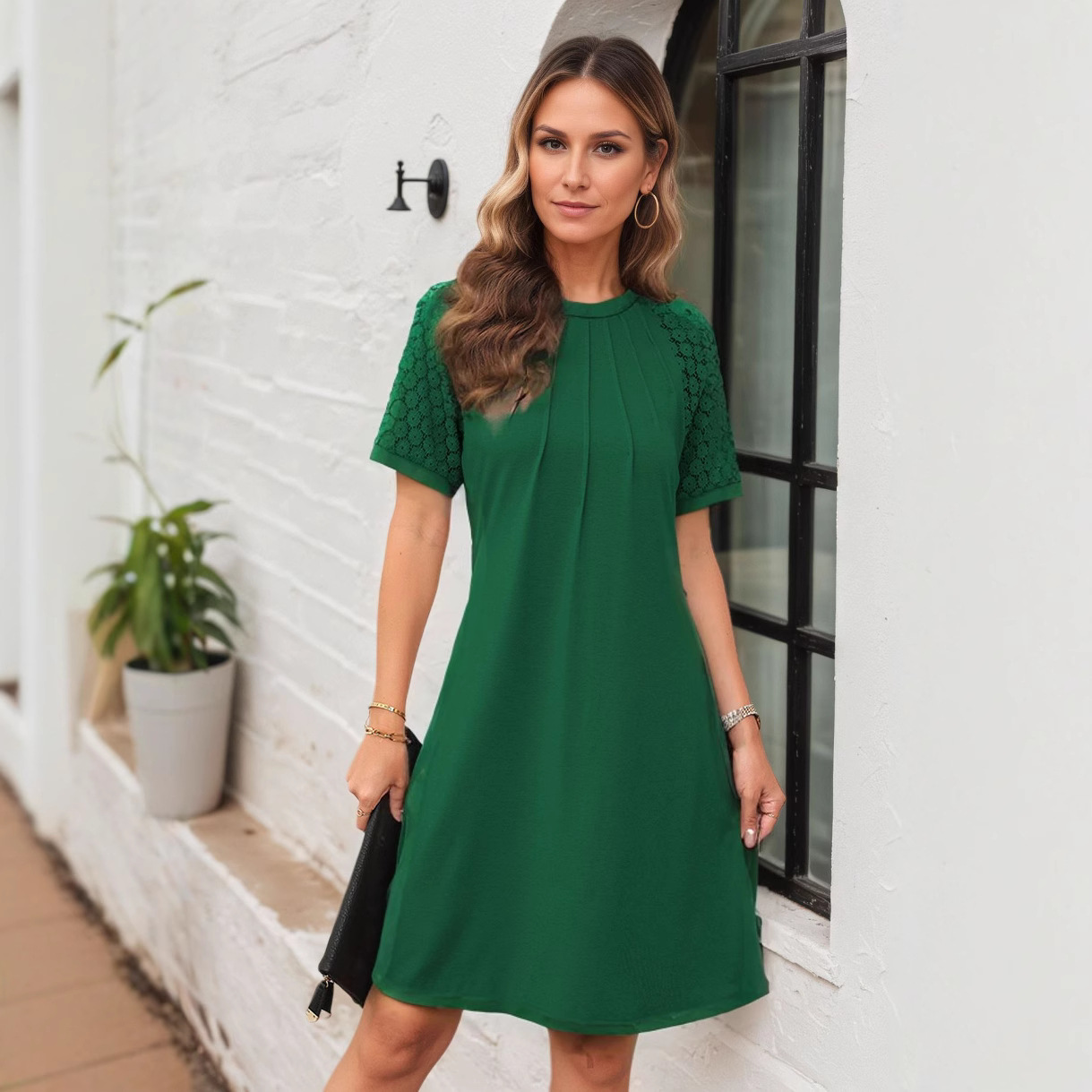Women's Solid Color Hollow-Out Lace Short Sleeve Round Neck Crinkled Dress