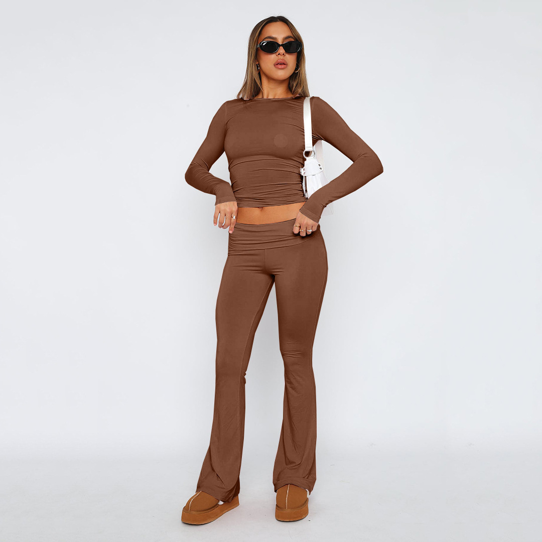 Women's Low-Rise Flare Pants Set Casual Slimming Solid Color