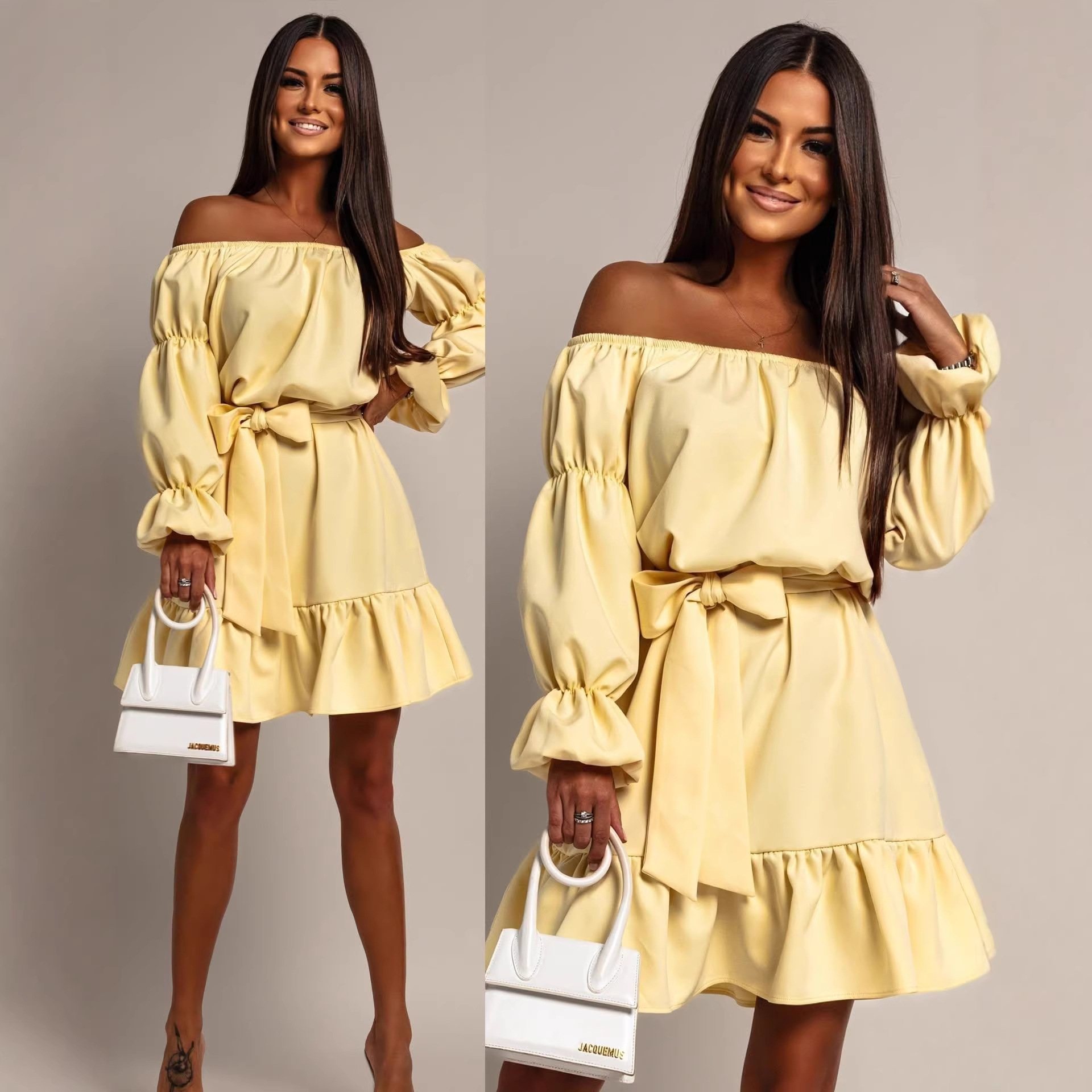 Off-Shoulder Lantern Sleeve High Waist Short Dress