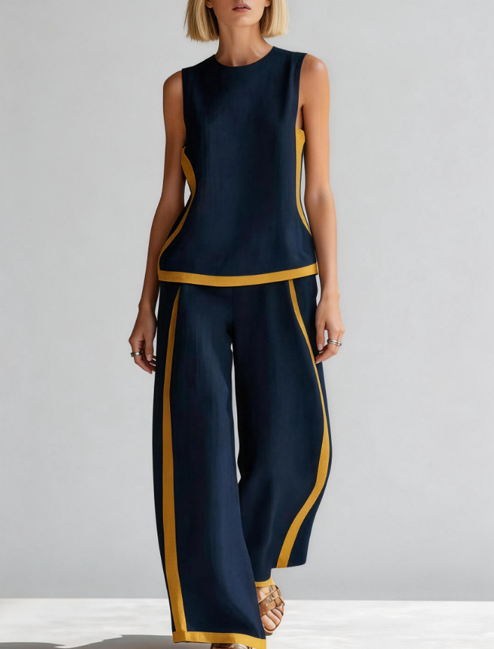 Sleeveless Colorblock Wide-Leg Pants Set Women's Summer Casual Two-Piece