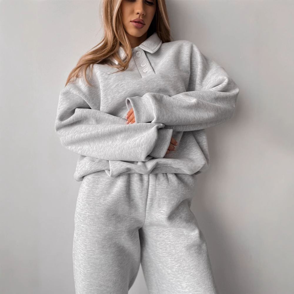 Women's Solid Color Long Sleeve Collared Sweatshirt and Elastic Waist Pants Two-Piece Set