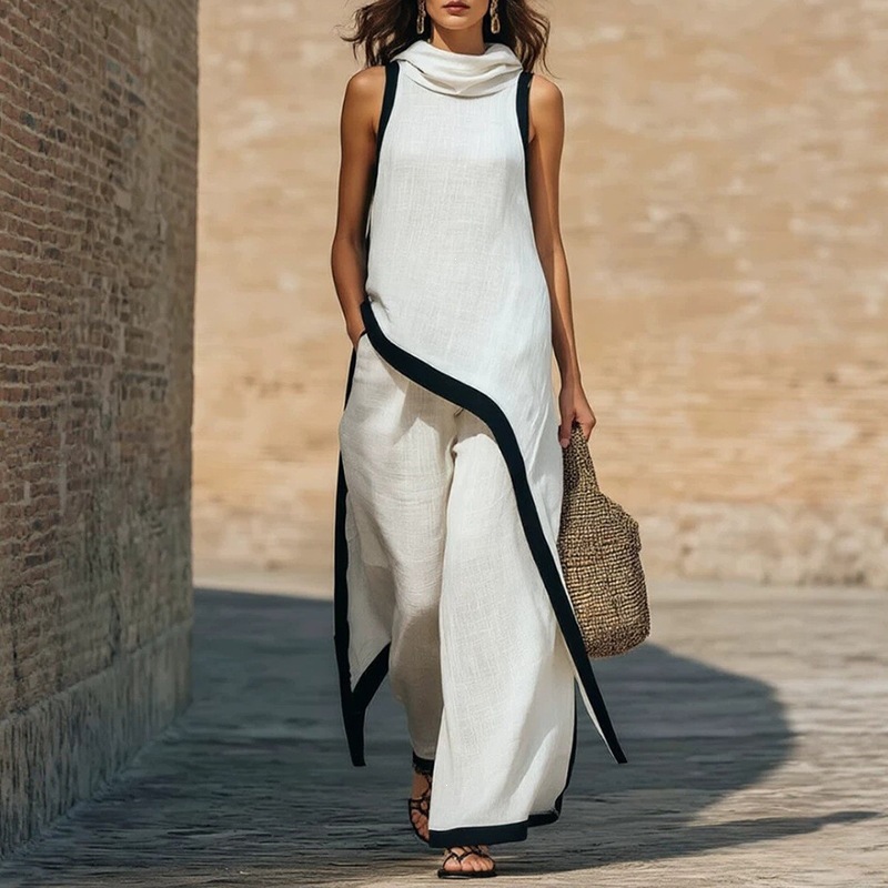 2026 New Cross-Border Summer Cotton-Linen Two-Piece Set Women's Sleeveless Asymmetrical Top Loose Wide-Leg Pants Set