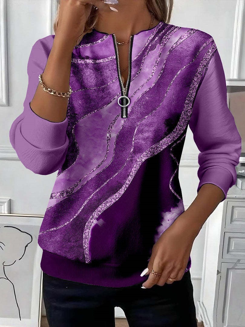 Women's Boho Print Long Sleeve Zip-Up Sweatshirt Casual Top