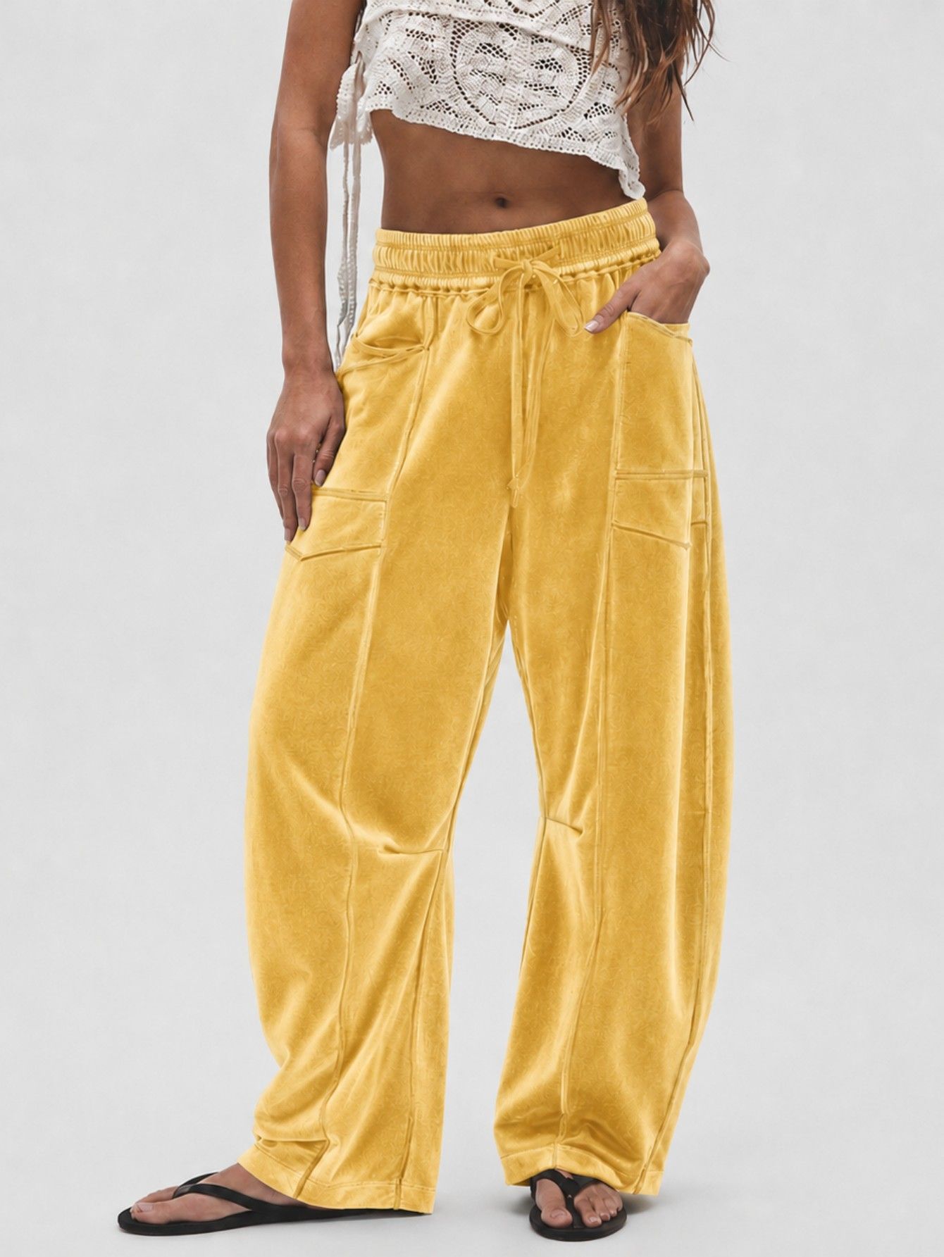 Women's Wide-Leg Velvet Pants with Drawstring Casual Loose Fit