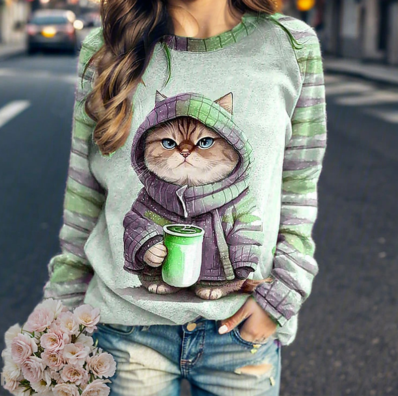 3D Digital Print Raglan Sleeve Crewneck Long Sleeve Sweatshirt for Women
