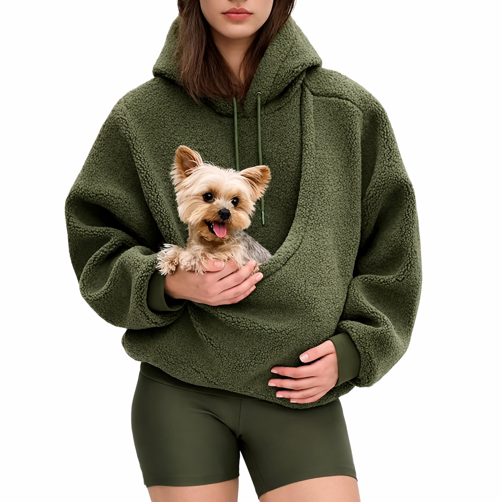 Solid Hooded Plush Pet Pouch Oversized Pullover Hoodie for Women