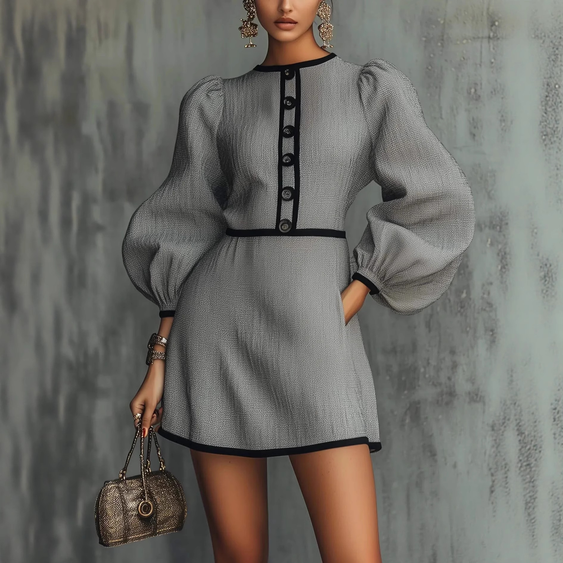 French-Style Gray Spliced Knit Dress with Button Detail