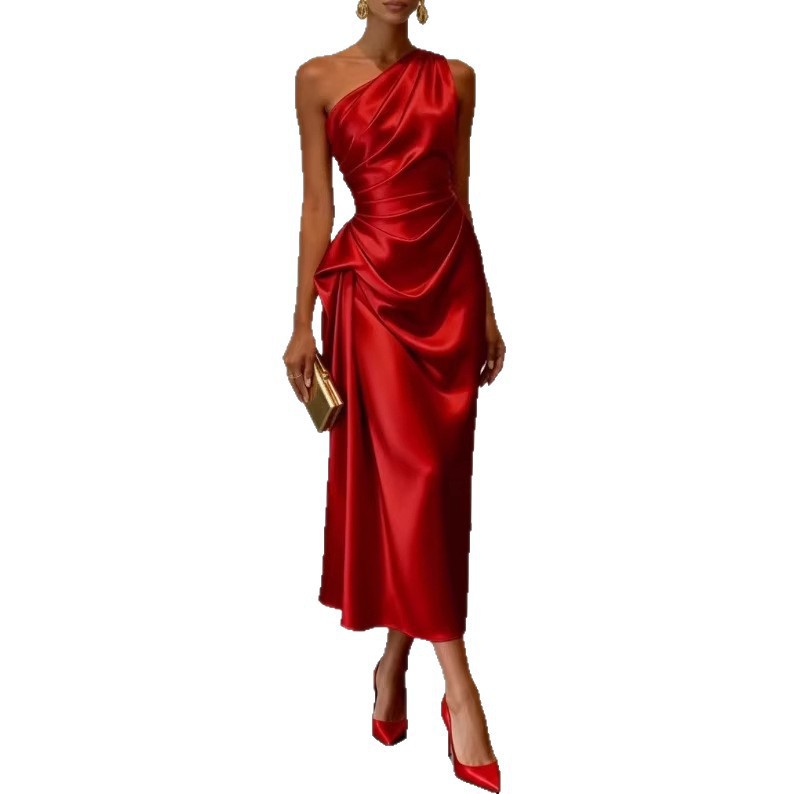 Satin Ruched Waist Sleeveless Evening Dress