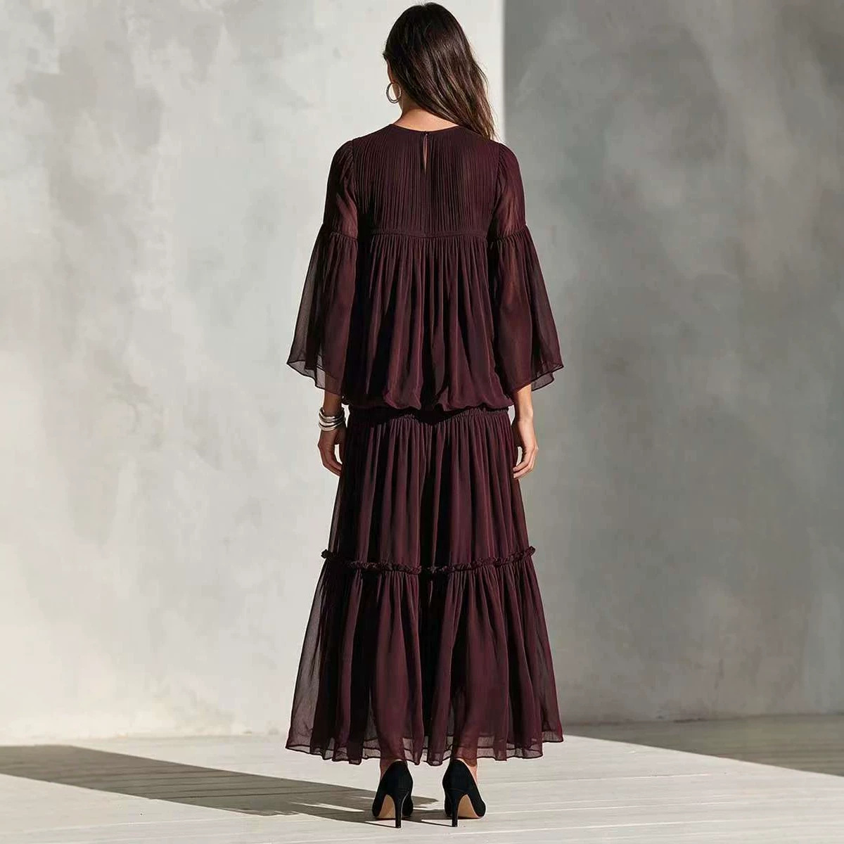 Women's Chiffon Pleated Bell Sleeve Maxi Dress Boho Vacation Long Dress