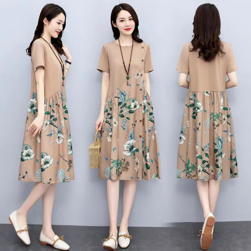 Women's Vintage Floral A-Line Dress Short Sleeve Loose Fit