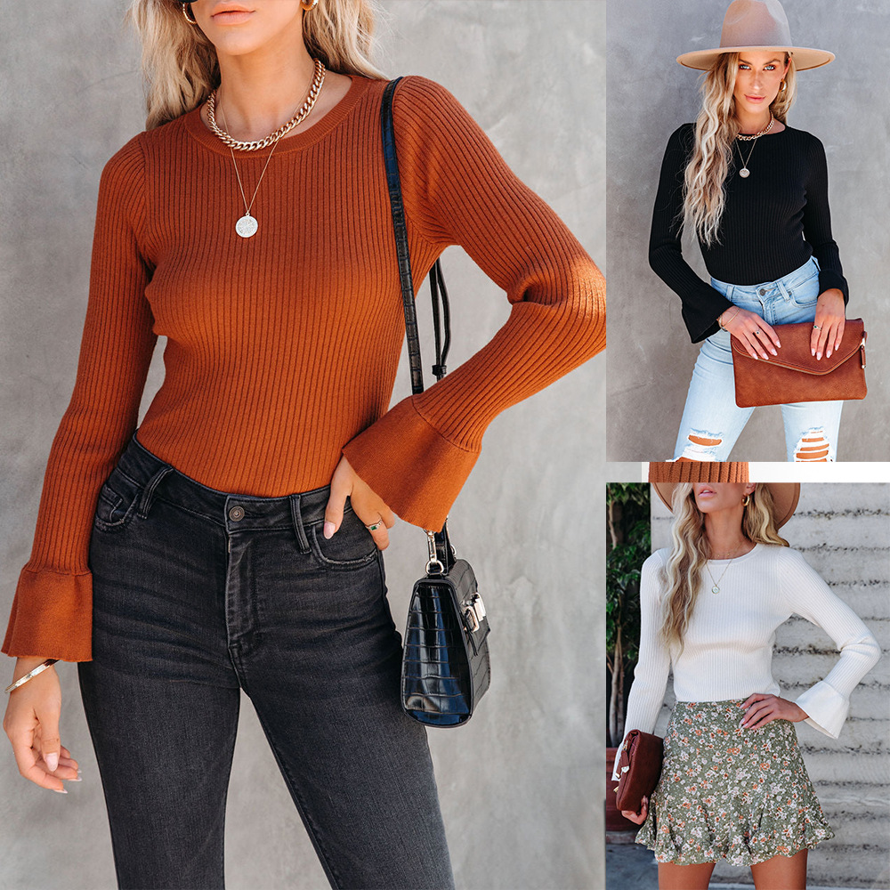 Women's Ribbed Knit Pullover Sweater with Flared Sleeves and Ruffle Trim