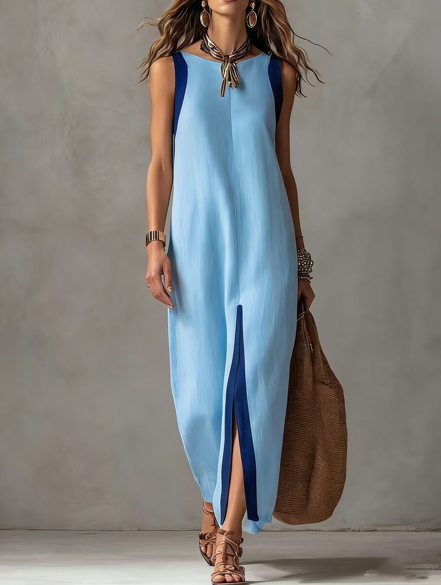 Women's Summer Casual Sleeveless Midi Dress Colorblock