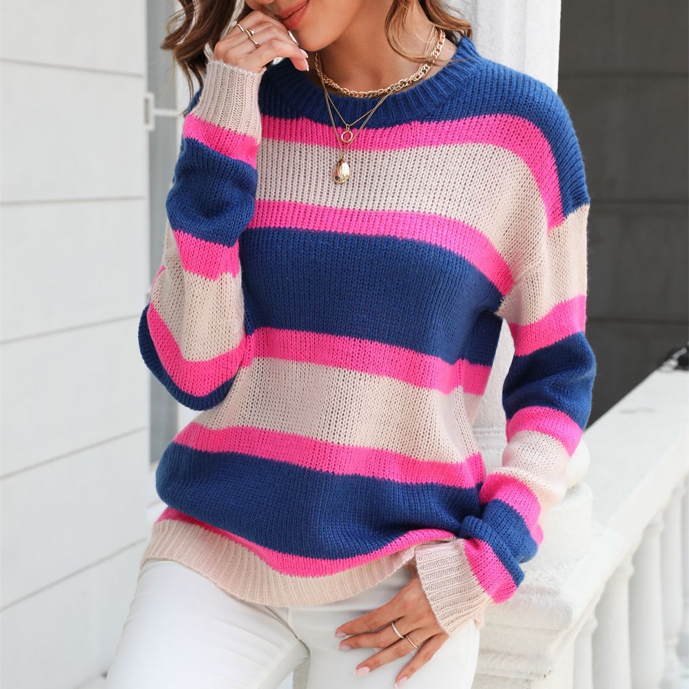 Wide Striped Color-Block Pullover Knit Sweater