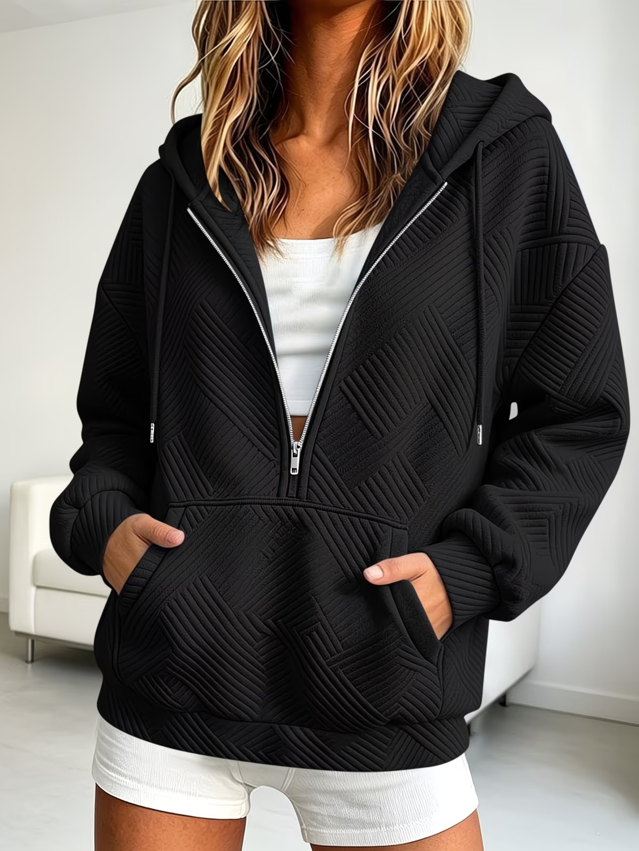 Women's Hooded Drawstring Zip Pocket Loose Sweatshirt