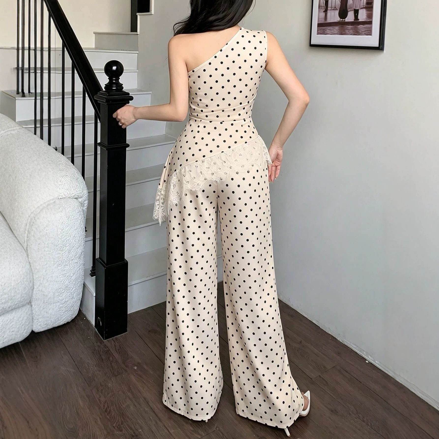 Polka Dot One-Shoulder Lace Trim Top and Wide-Leg Pants Two-Piece Set