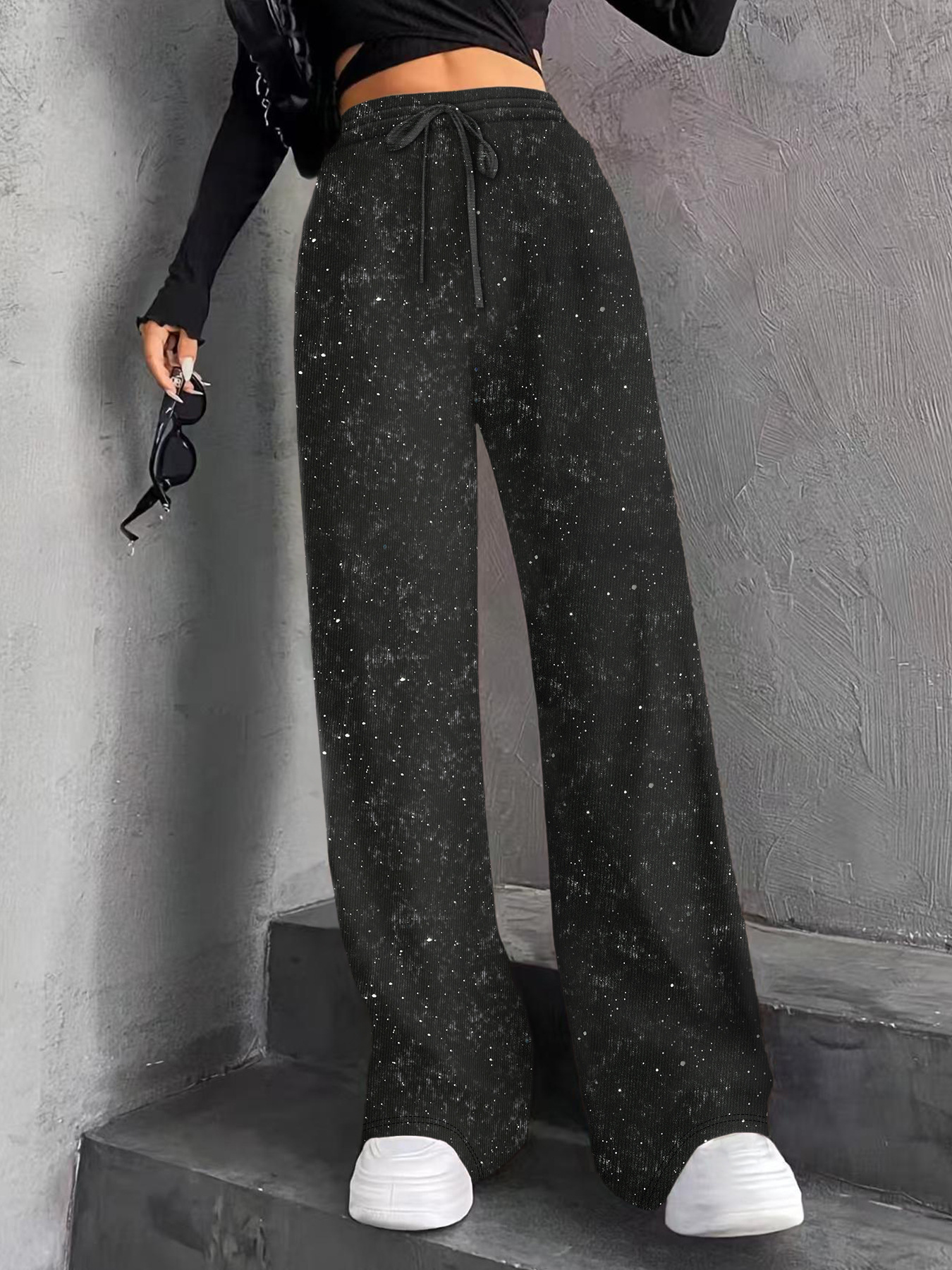 Glitter Star Wide-Leg Pants for Women Summer Drapey Straight Elastic Waist