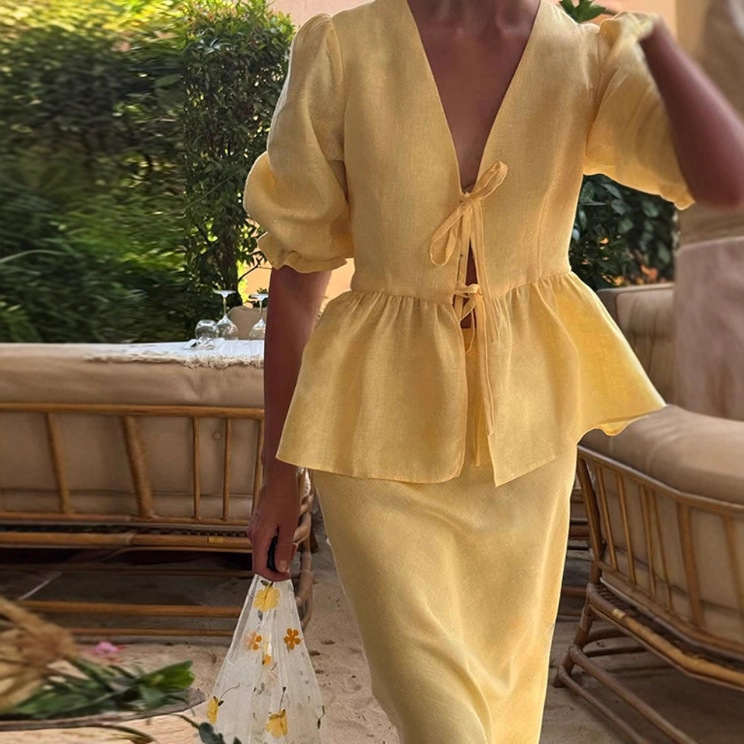 Puff Sleeve V-Neck Tie Top and Skirt Set