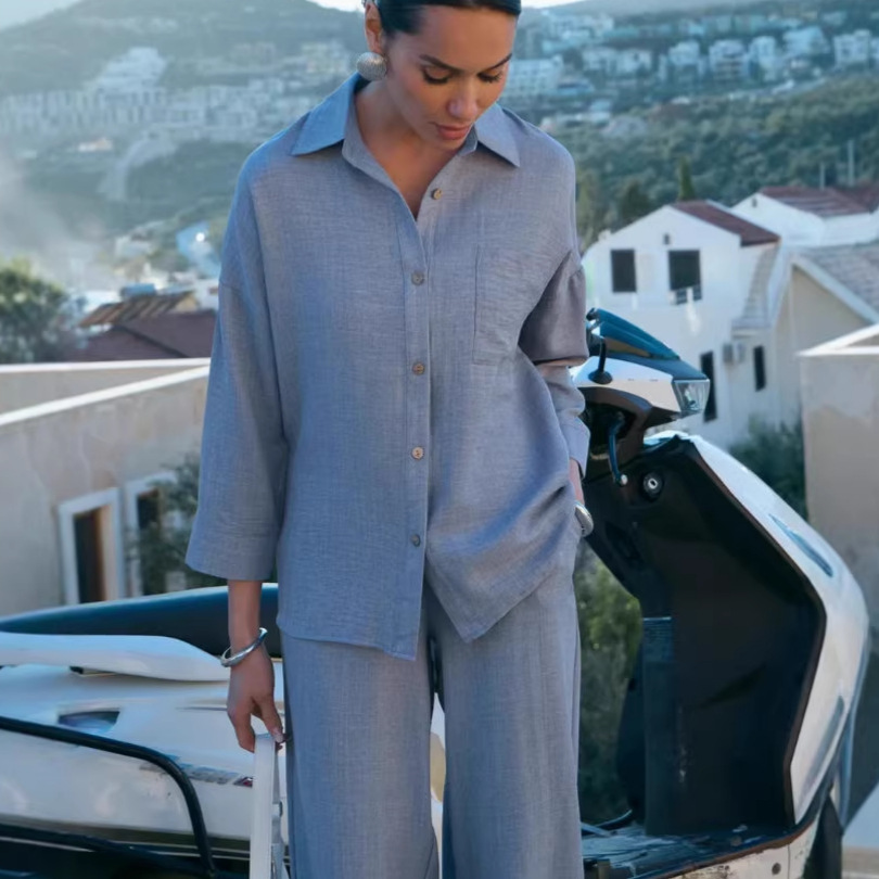 Women's Casual Two-Piece Shirt and Slim Pants Set