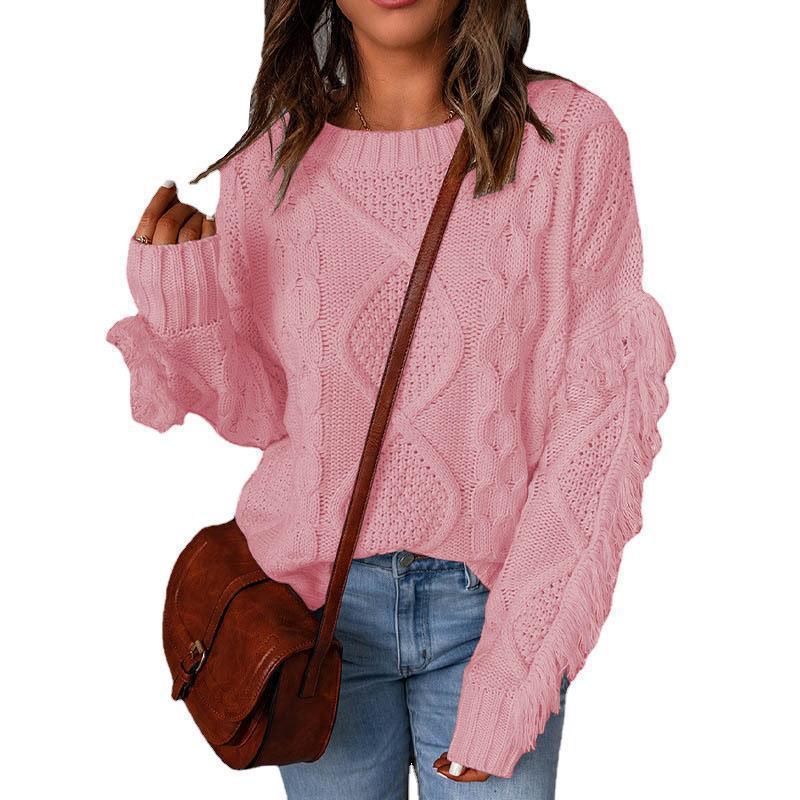 Women's Loose Diamond Quilted Fringe Pullover Sweater
