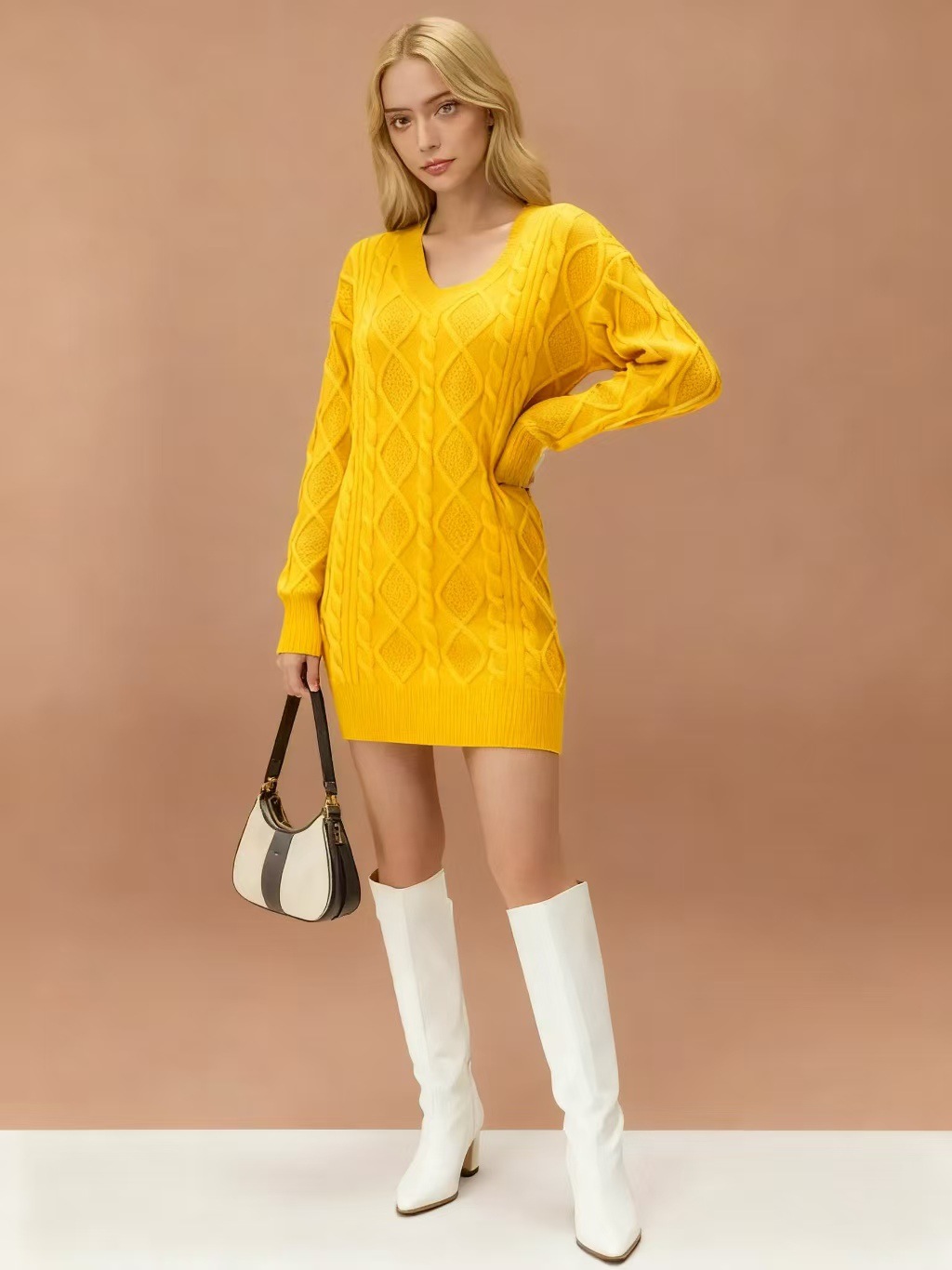 V-Neck Cable-Knit Midi Sweater Dress Solid Color