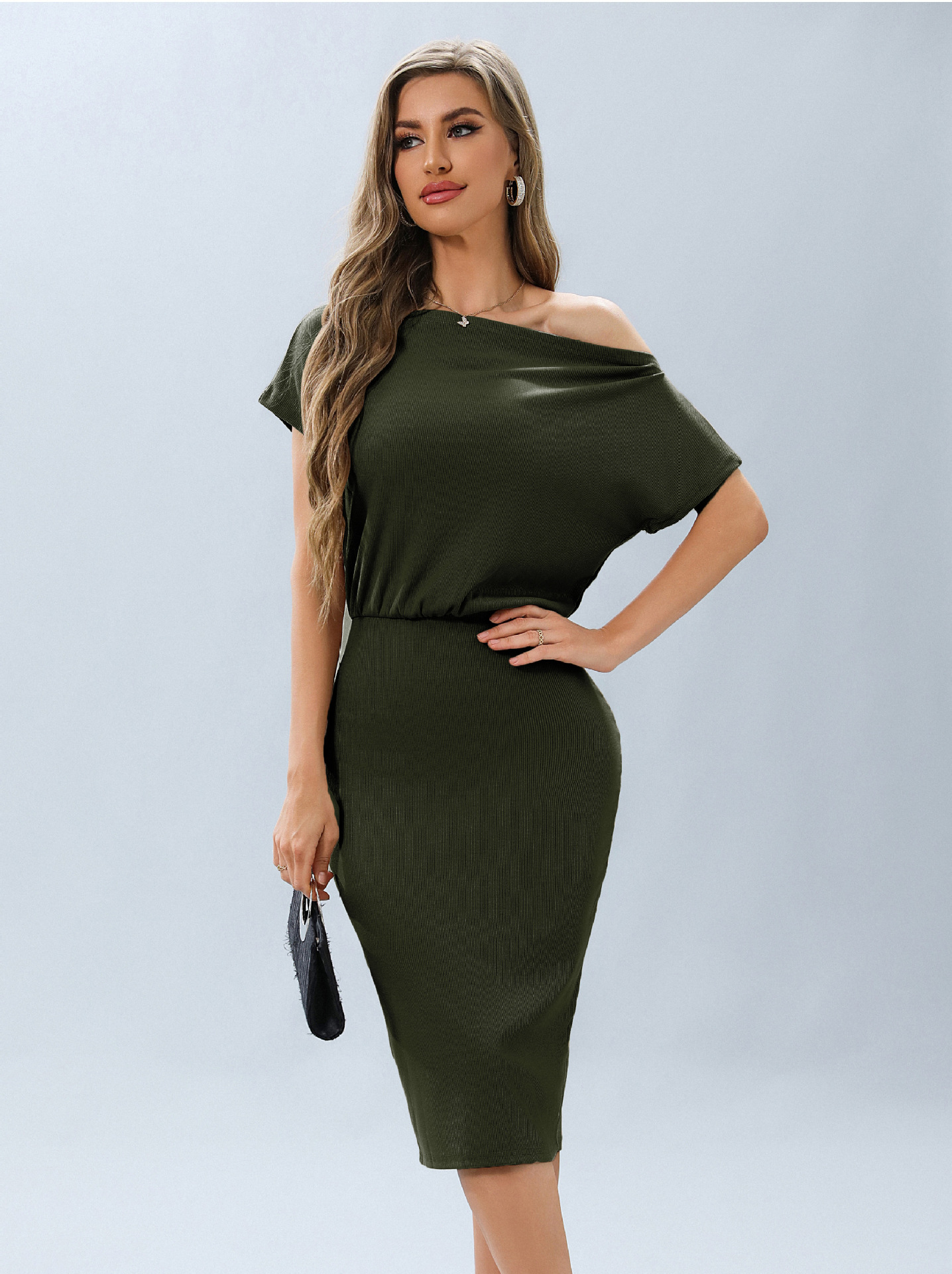 Solid Ribbed One-Shoulder Bodycon Midi Dress