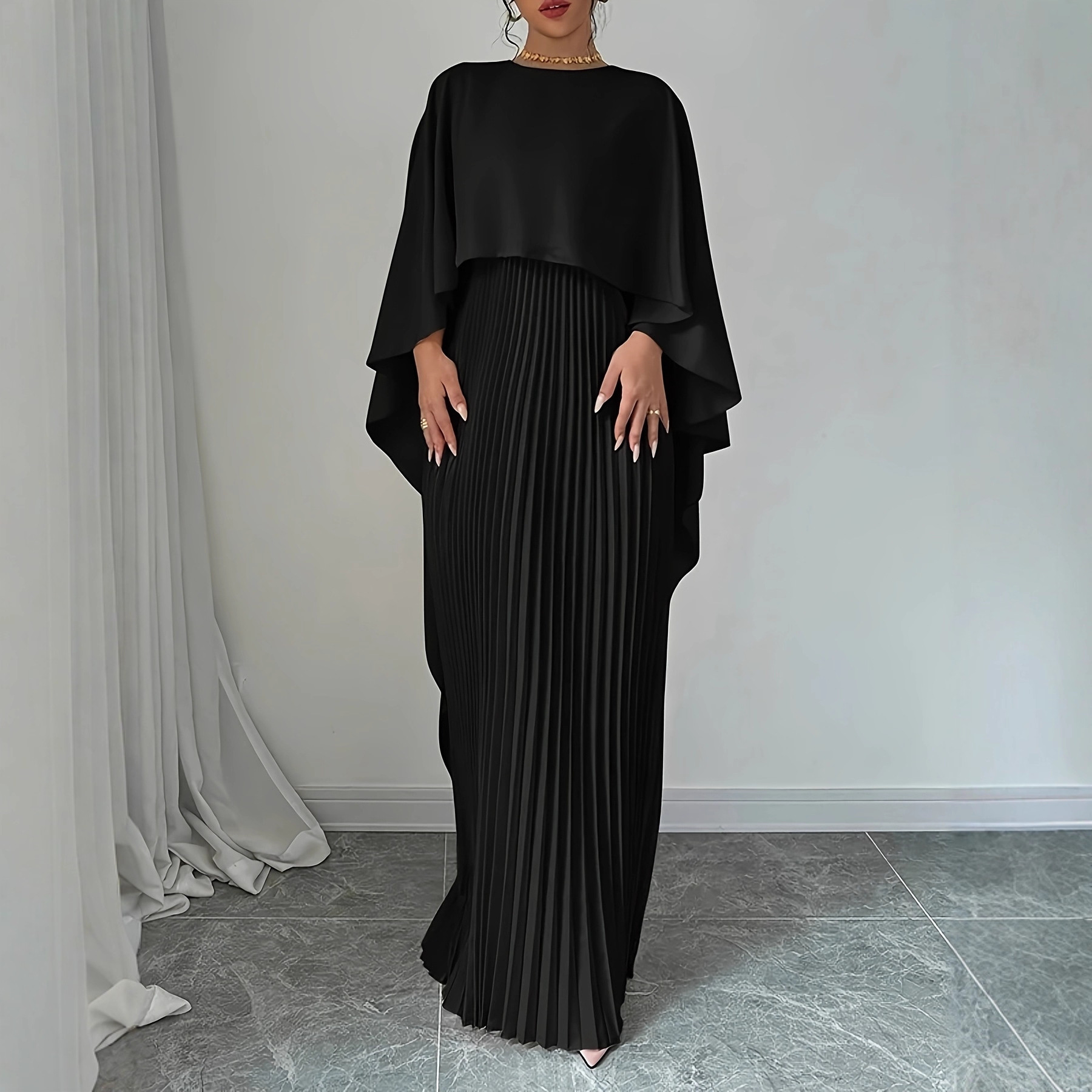 Women's Batwing Sleeve Pleated Two-Piece Dress Set